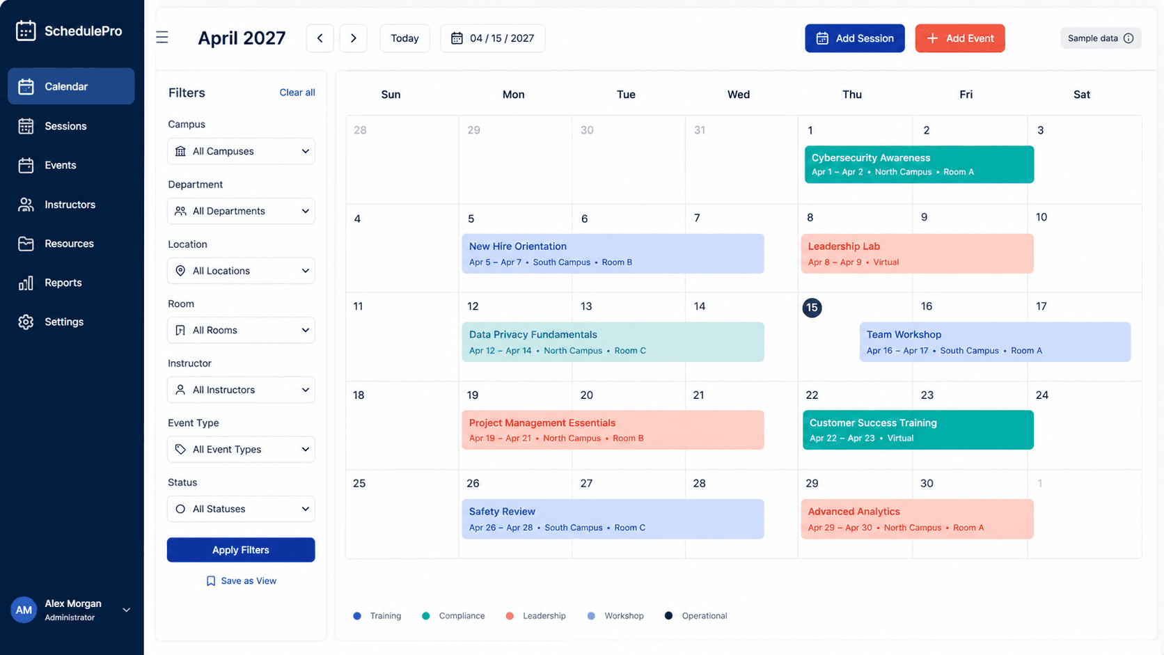 Sample scheduling application with resource filters and color-coded sessions