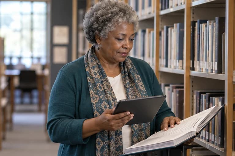 Information specialist consulting a reference book and tablet beside library shelves