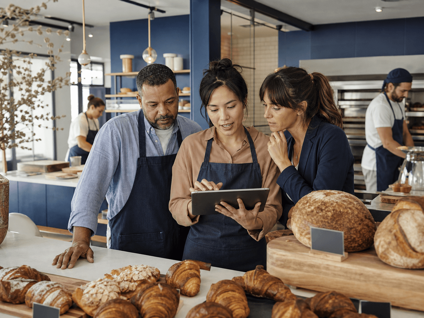 A bakery team collaborating around a tablet during the working day