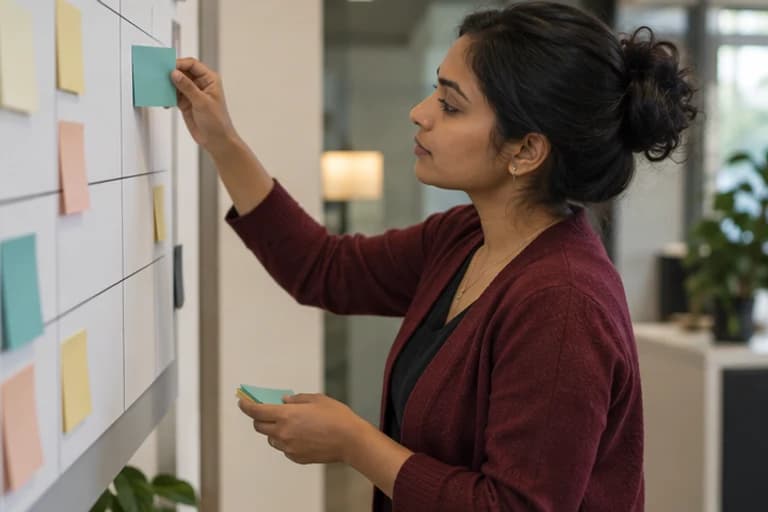Project coordinator arranging task notes on a planning board