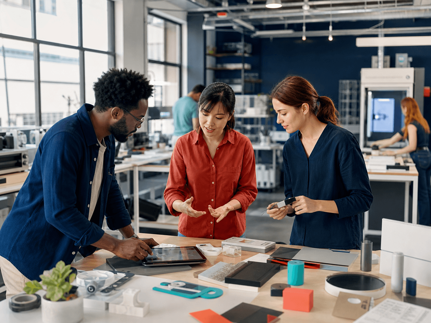 Creative colleagues collaborating on design and fabrication work in a studio workshop