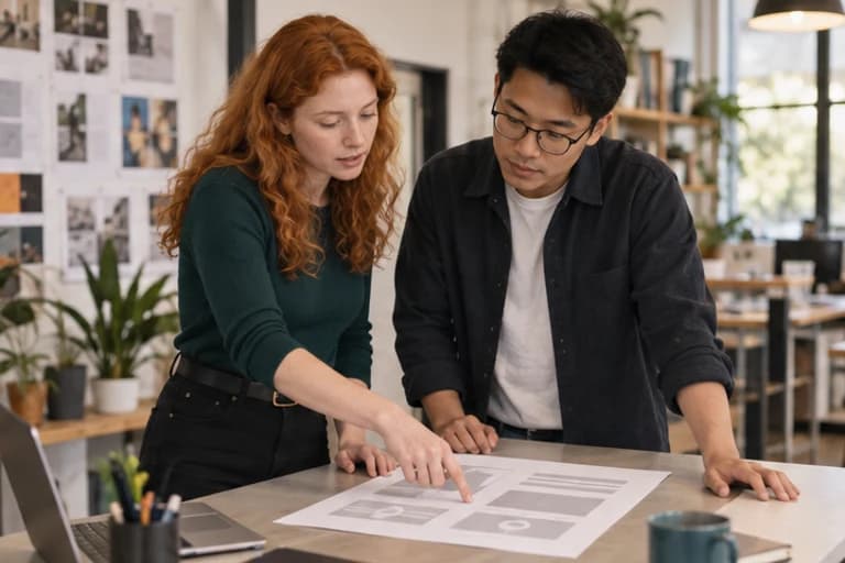 Web designer and content editor comparing paper interface layouts