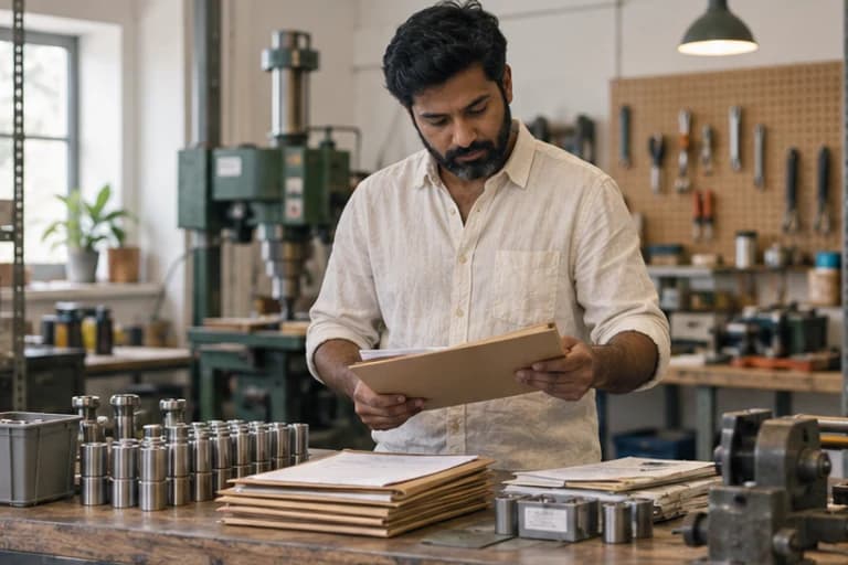 Workshop owner reviewing job folders and stock at a workbench