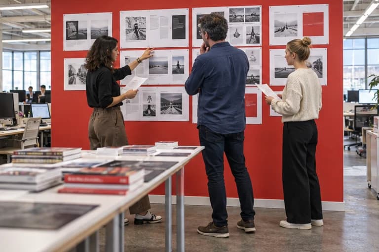 Editorial team reviewing page layouts at a red newsroom pinboard