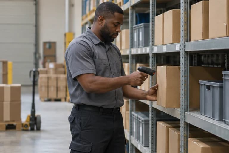 Warehouse employee using a handheld scanner to check inventory