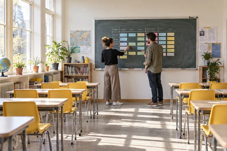 Two educators coordinating a teaching schedule in a sunlit classroom
