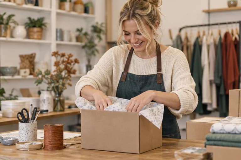Independent shop owner preparing a customer parcel at a packing bench