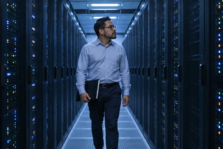 Technology architect inspecting systems in a cool-lit server-room aisle